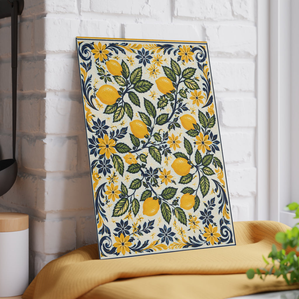 Small Mediterranean lemon glass cutting board with Amalfi-inspired botanical kitchen artwork
