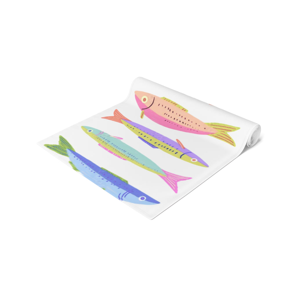 Colorful Sardine Illustration Table Runner – Bold Coastal Statement Table Linen