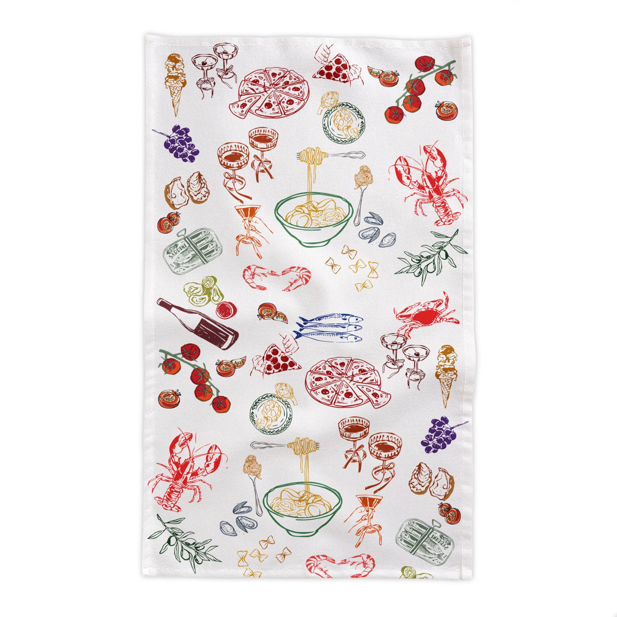 Whimsical Italian food illustration tablecloth designed for summer dining, featuring colourful Mediterranean artwork on premium cotton twill table linen.