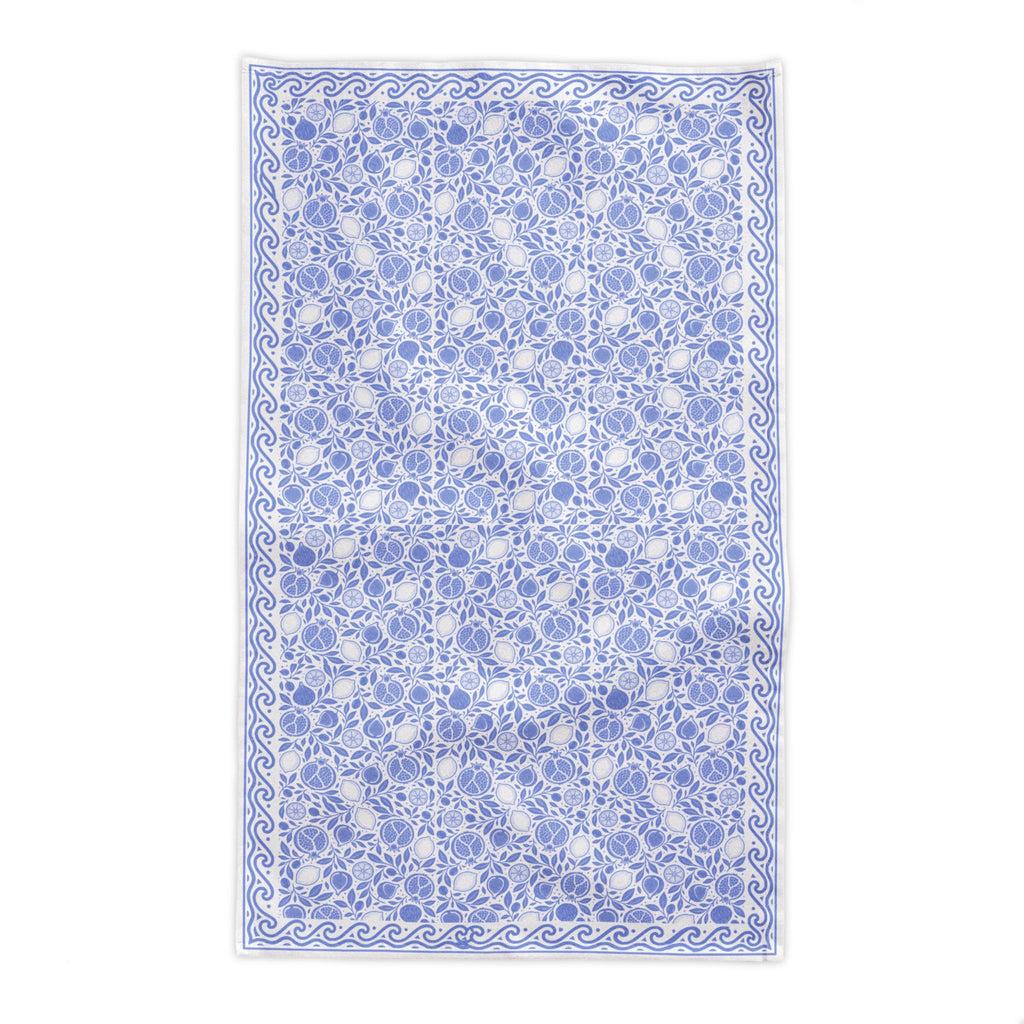 Detailed pomegranate, fig and lemon botanical print on dusty blue cotton tablecloth