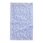 Detailed pomegranate, fig and lemon botanical print on dusty blue cotton tablecloth