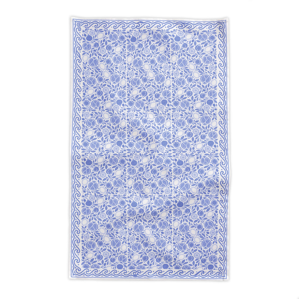 Detailed pomegranate, fig and lemon botanical print on dusty blue cotton tablecloth