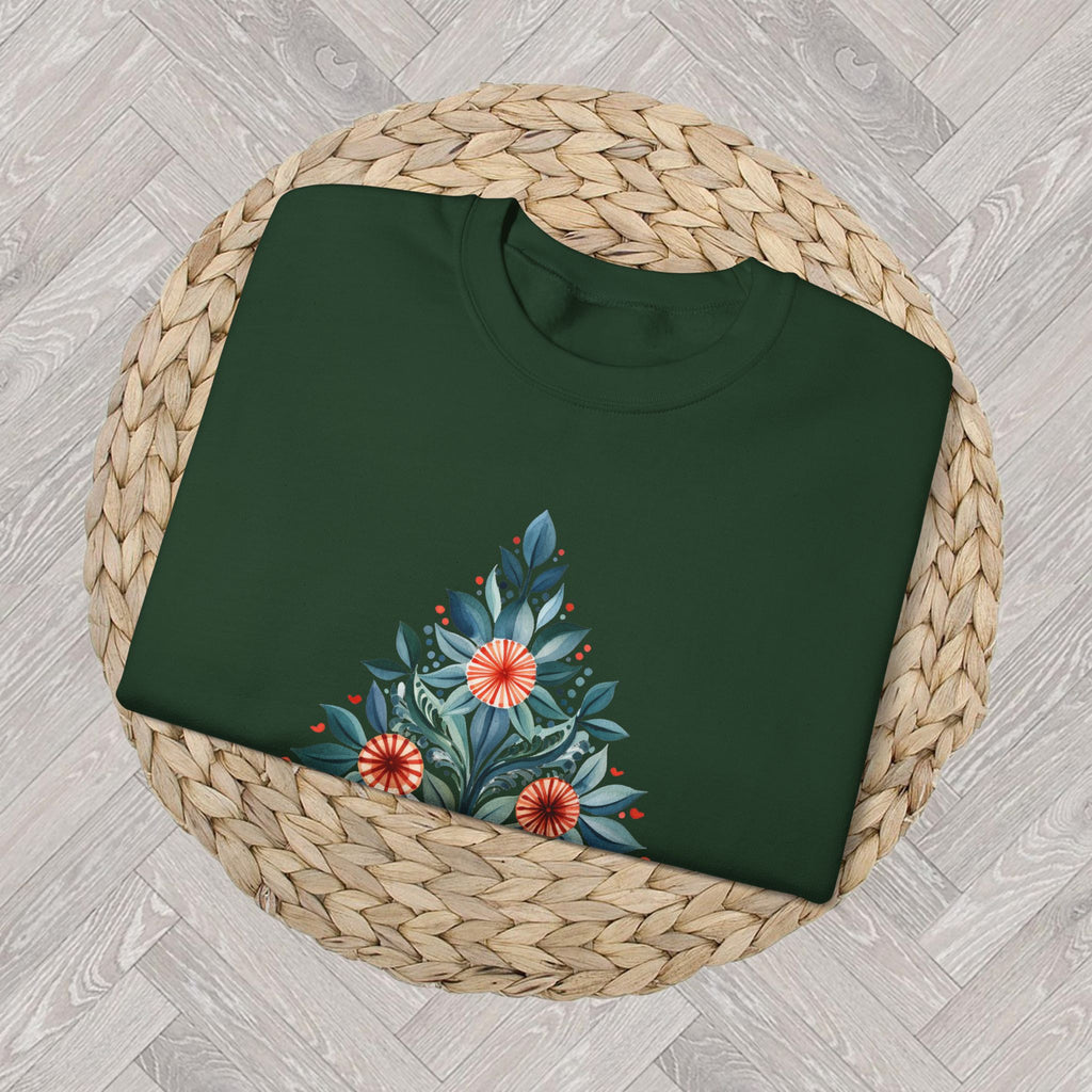 Folded Forest Green Mediterranean-inspired Christmas tree sweatshirt.