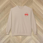 Front view of the Sand More Amore Por Favour sweatshirt with a small colourful heart detail within the word MORE on the upper left chest.