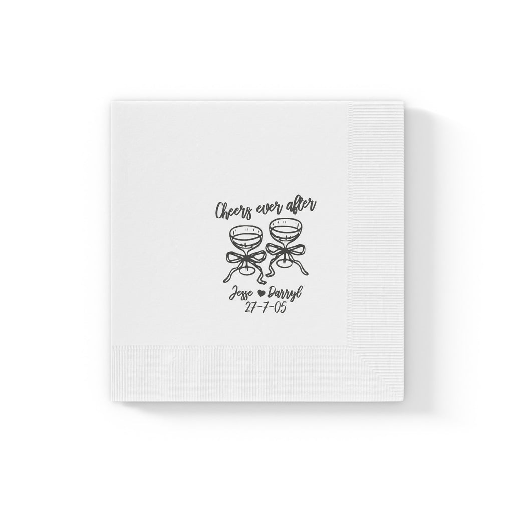Personalized bridal shower napkin with Cheers to Ever After design, ideal for signature drink stations and wedding celebrations.