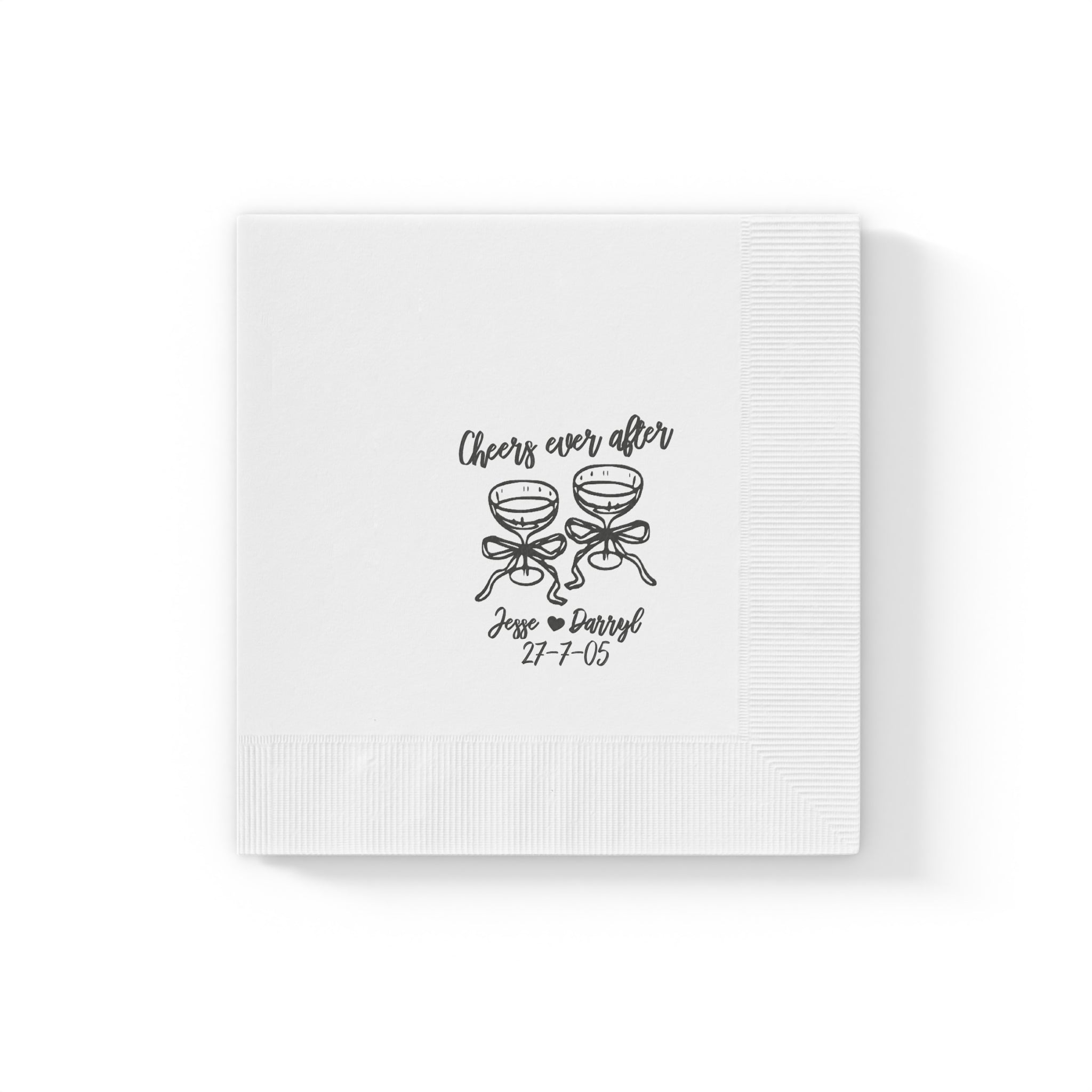 Personalized bridal shower napkin with Cheers to Ever After design, ideal for signature drink stations and wedding celebrations.