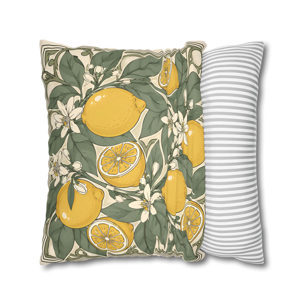 Mediterranean Lemon Faux Suede Cushion | Citrus Botanical Decorative Throw Pillow | Coastal Home Décor