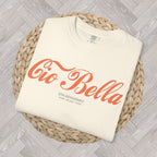 Close-up of Cio Bella retro script graphic printed on a Comfort Colors 1717 heavyweight cotton t-shirt