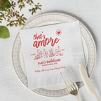 Personalized cocktail napkin for a pizza party bachelorette featuring custom bride's name and Italian-inspired That's Amore artwork.