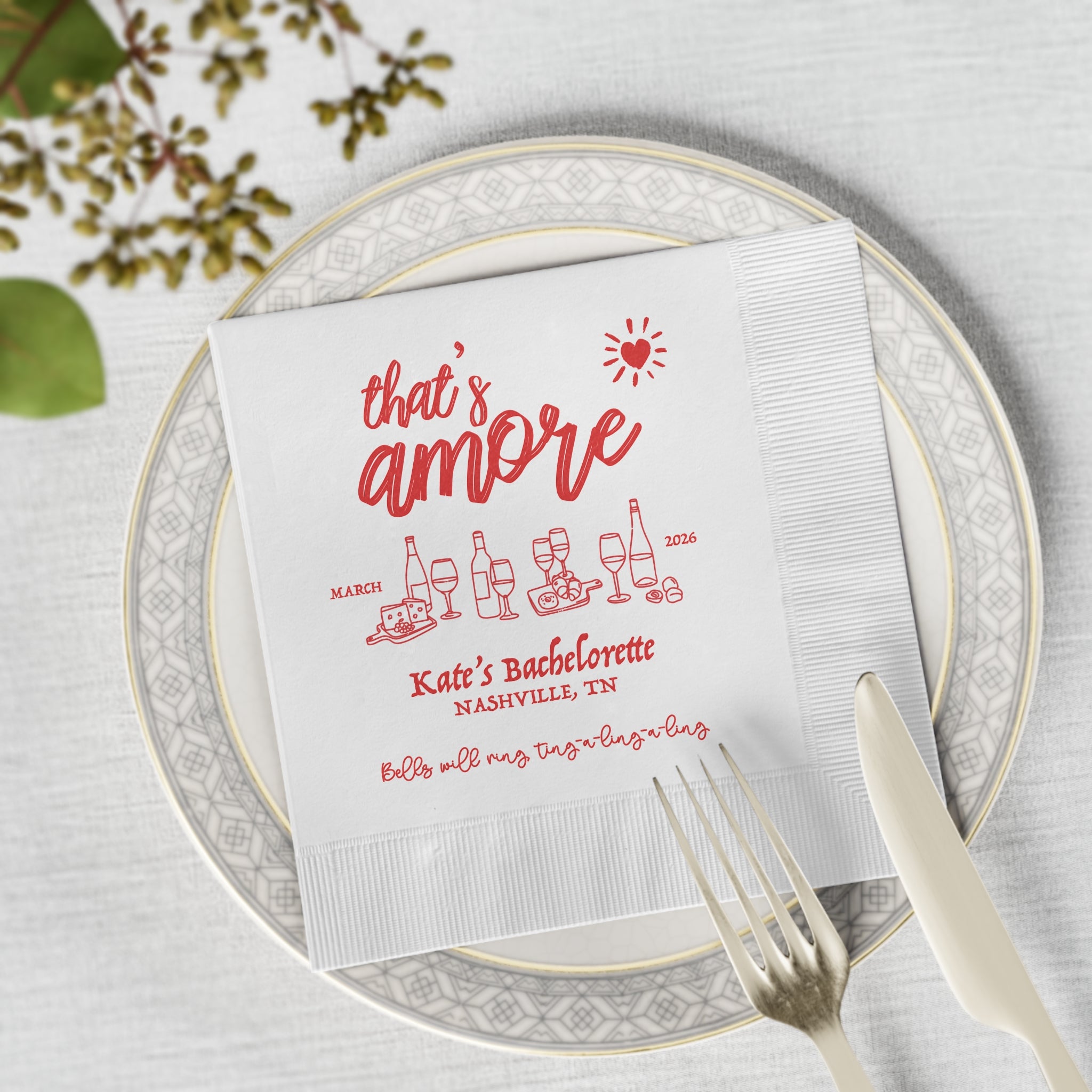 Personalized cocktail napkin for a pizza party bachelorette featuring custom bride's name and Italian-inspired That's Amore artwork.