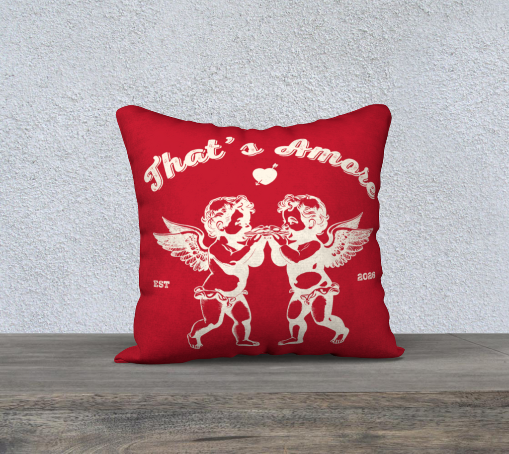 Premium 18"x18" That's Amore Cupid Red Cushion with vintage Cupid graphic, made from soft velveteen fabric for ultimate comfort