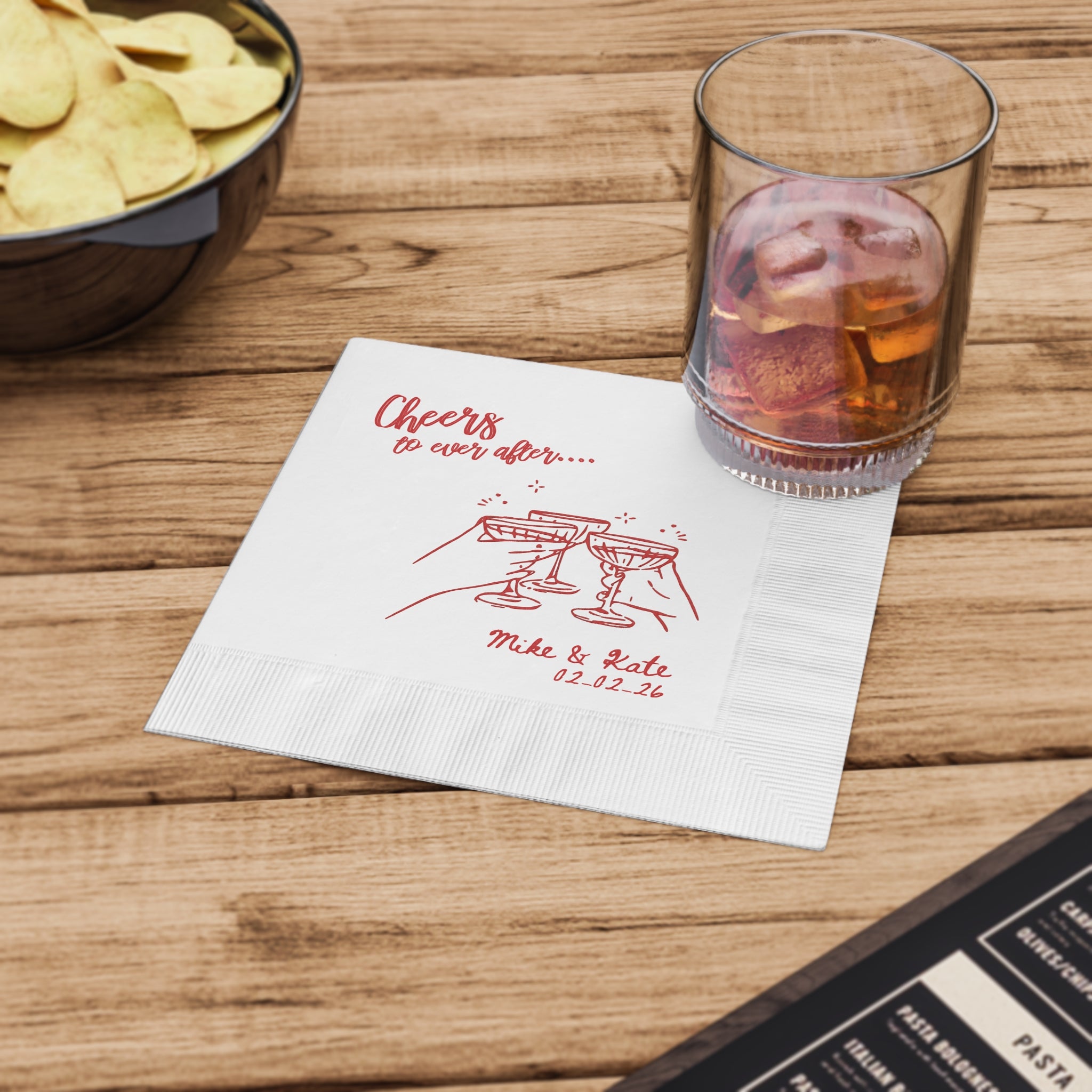 Personalized Ever After luncheon napkin displayed on a wedding table, perfect for receptions, rehearsal dinners, and anniversaries.