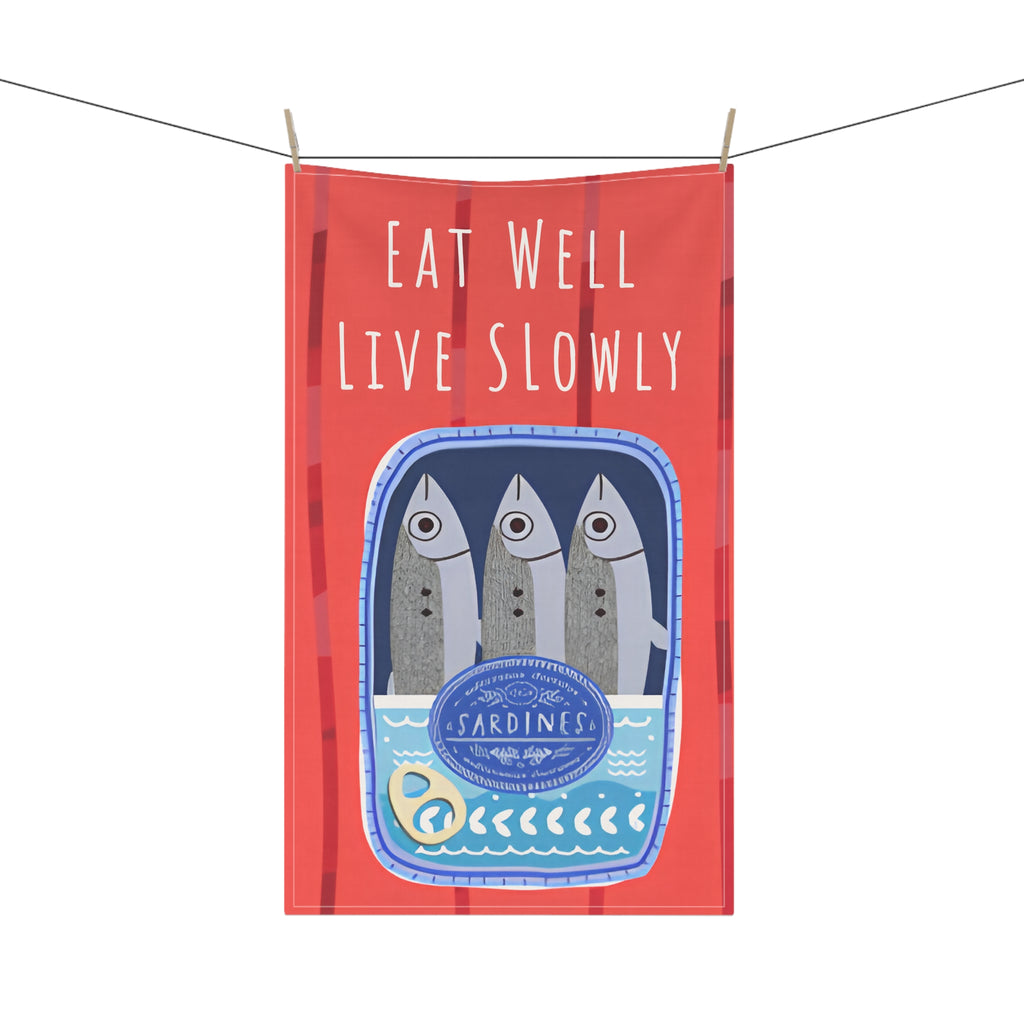 Eat Well, Live Slowly Tea Towel – Italian Market Cotton Kitchen Towel | Fisherman's Aesthetic Sardines Decor, Mediterranean Foodie Gift