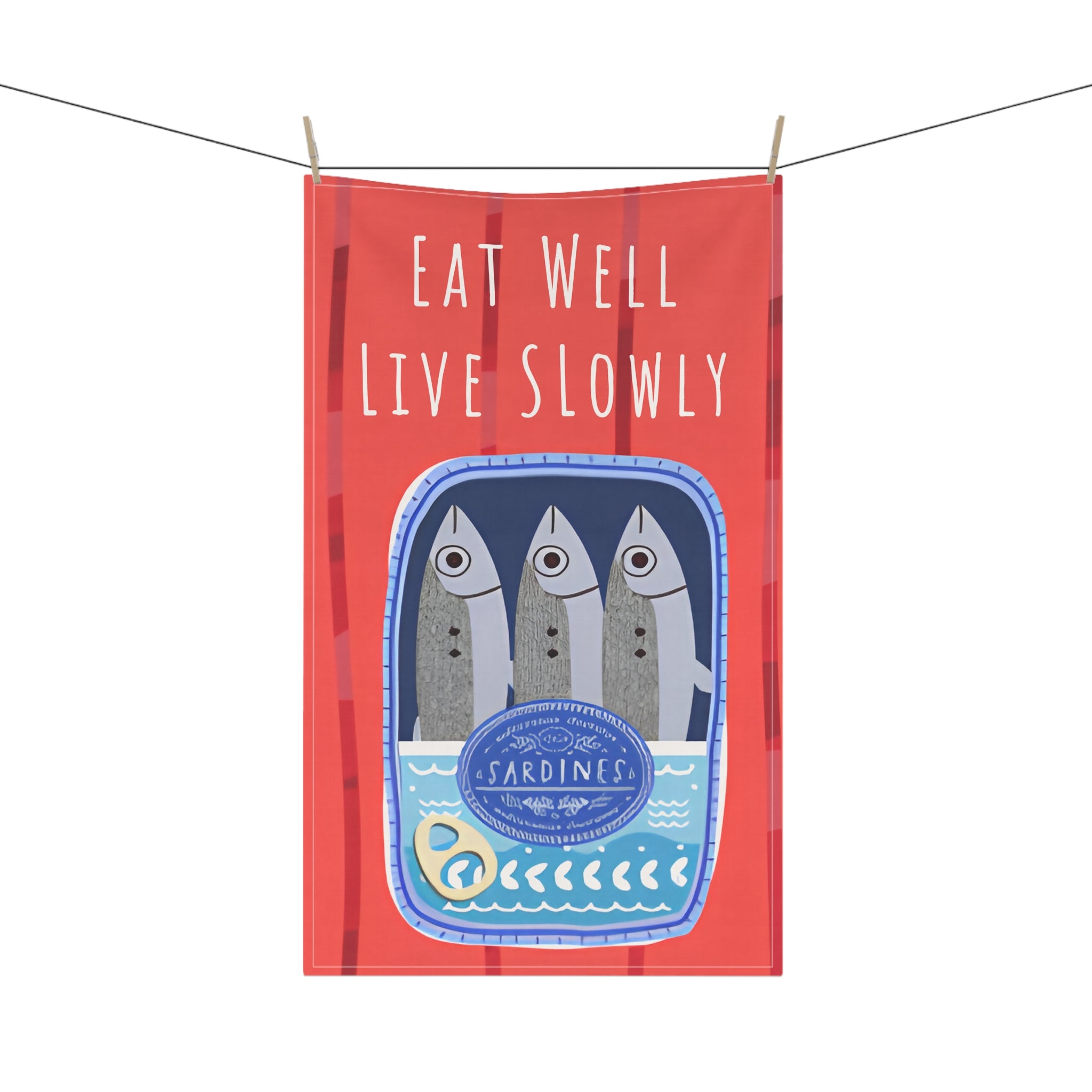Eat Well, Live Slowly Tea Towel – Italian Market Cotton Kitchen Towel | Fisherman's Aesthetic Sardines Decor, Mediterranean Foodie Gift