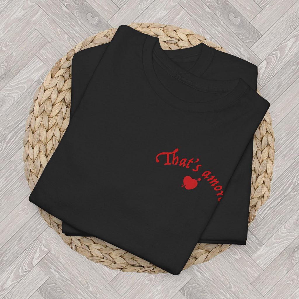 Flat lay of a personalised That's Amore wedding T-shirt with a cherubs design, customised with a name and wedding date.