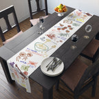 Elegant cotton table runner with Mediterranean design on a modern farmhouse dining table.
