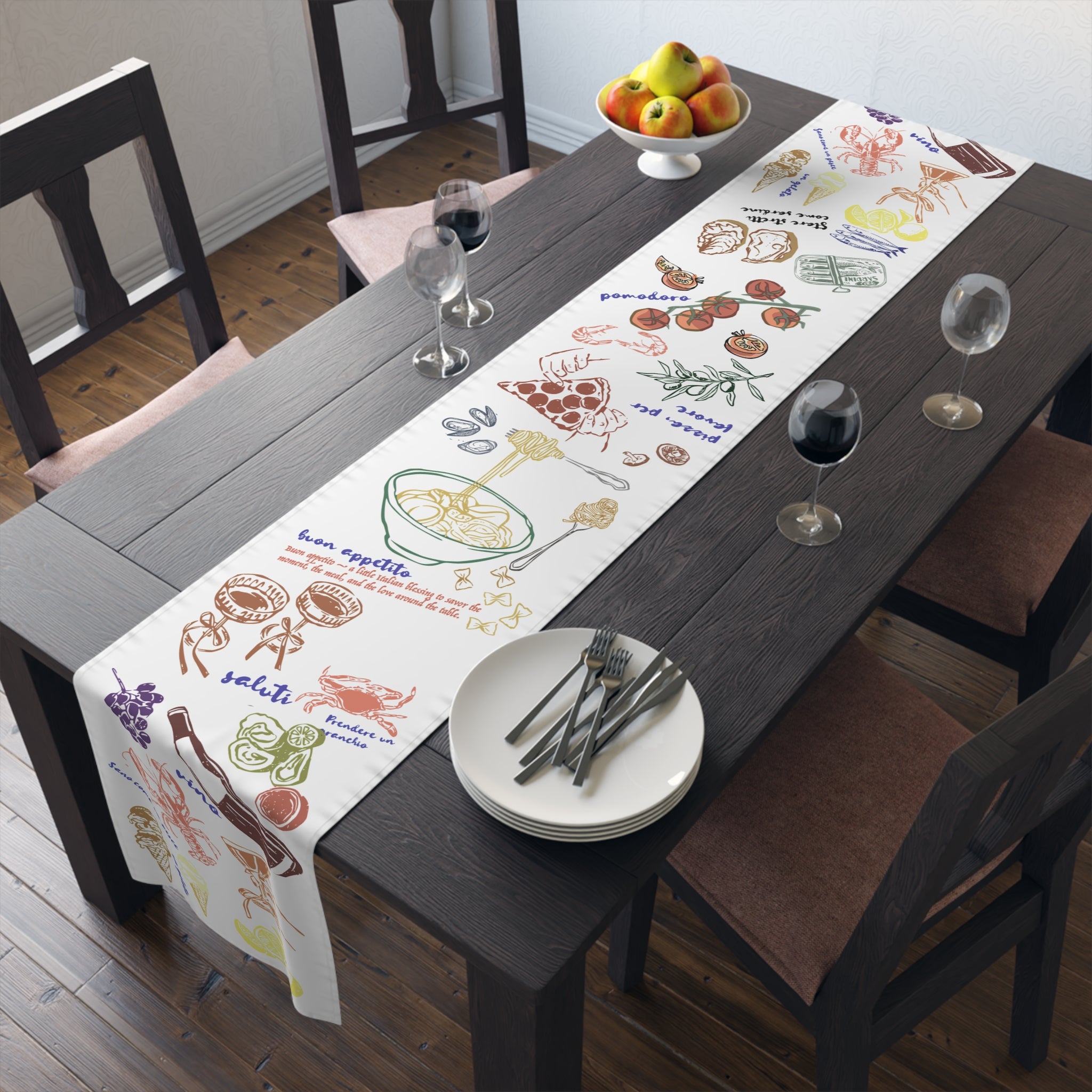Elegant cotton table runner with Mediterranean design on a modern farmhouse dining table.
