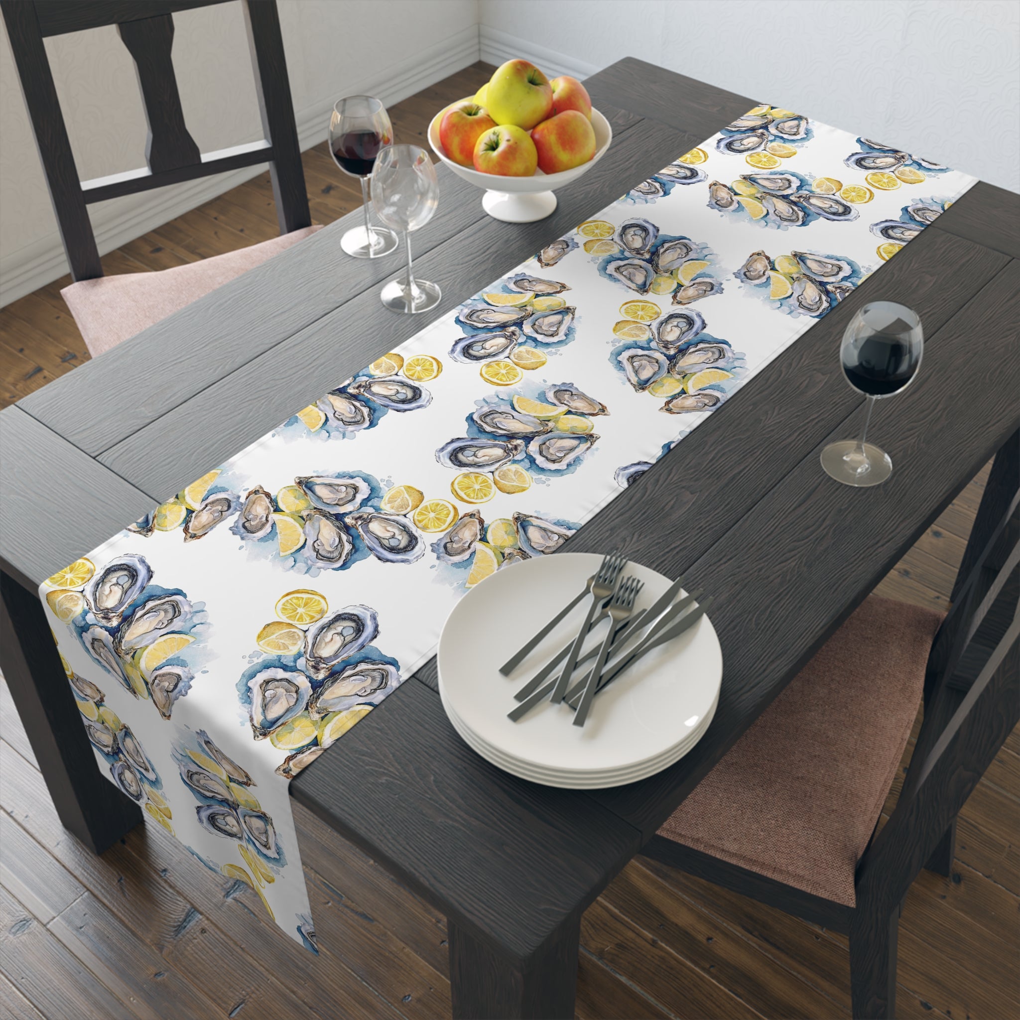Watercolor Oysters Table Runner – Coastal Mediterranean Dining Decor