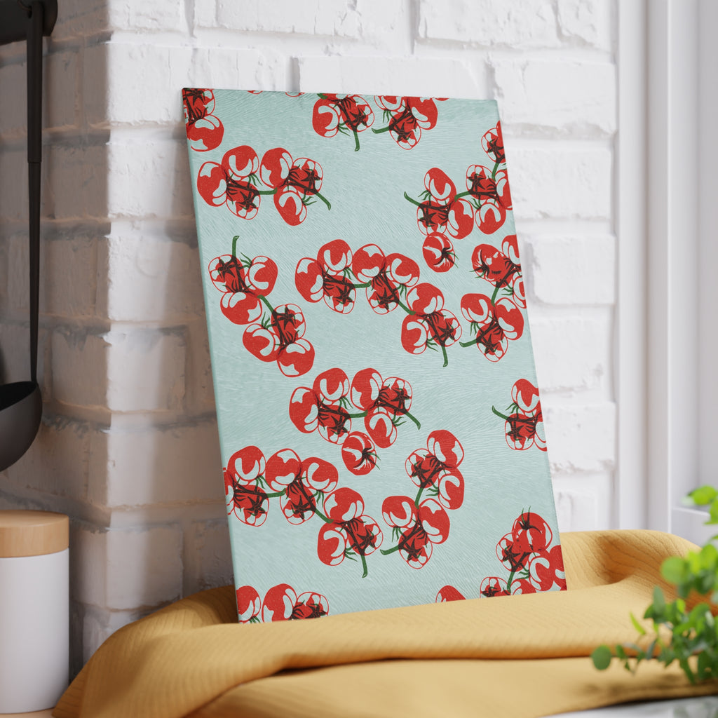 Tomato block print cutting board shown in the 8 by 11 inch size