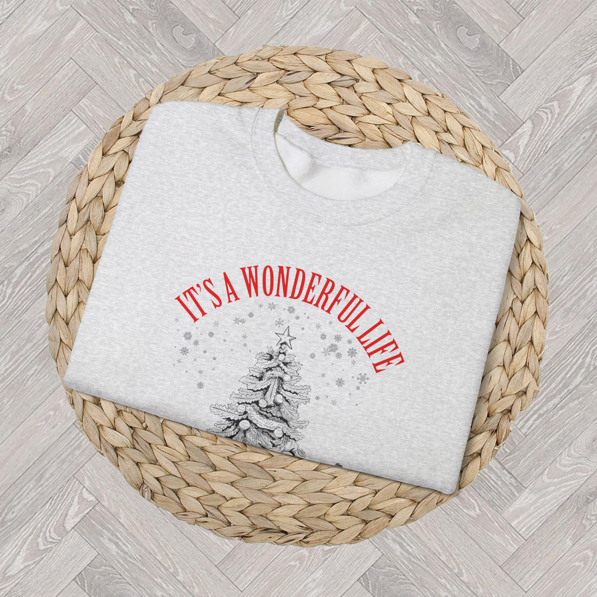 Ash Gildan 18000 Christmas crewneck sweatshirt with vintage cocktail-inspired artwork, ideal for seasonal fashion and Christmas gifting.