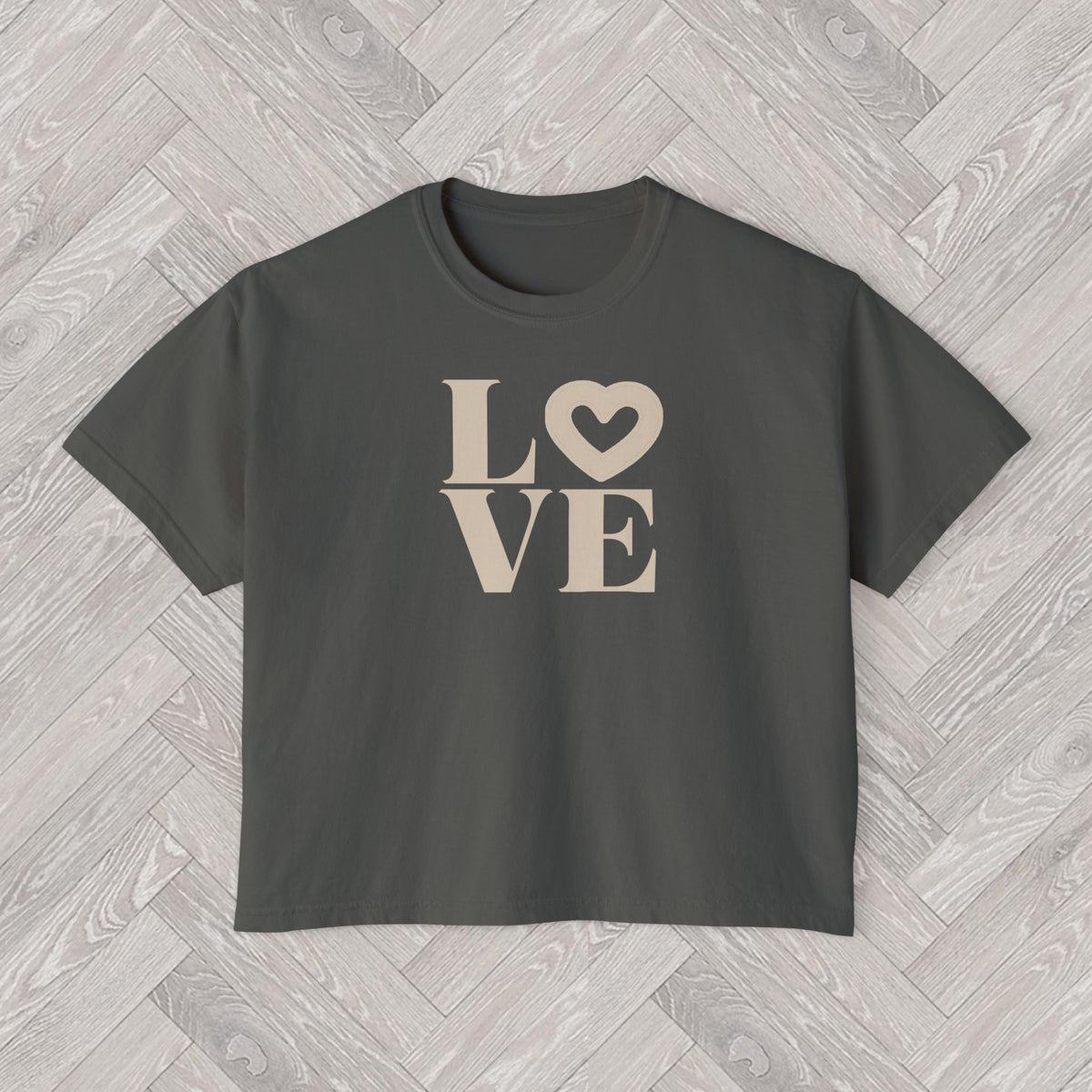 REBBELLA LOVE Heart T-Shirt in Pepper featuring a bold cream LO♡VE graphic