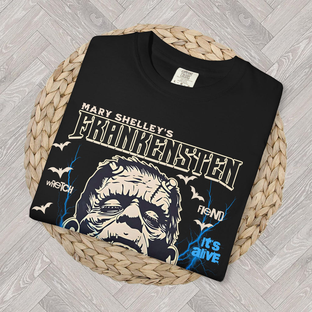 Frankenstein graphic t-shirt showing detailed classic monster horror design