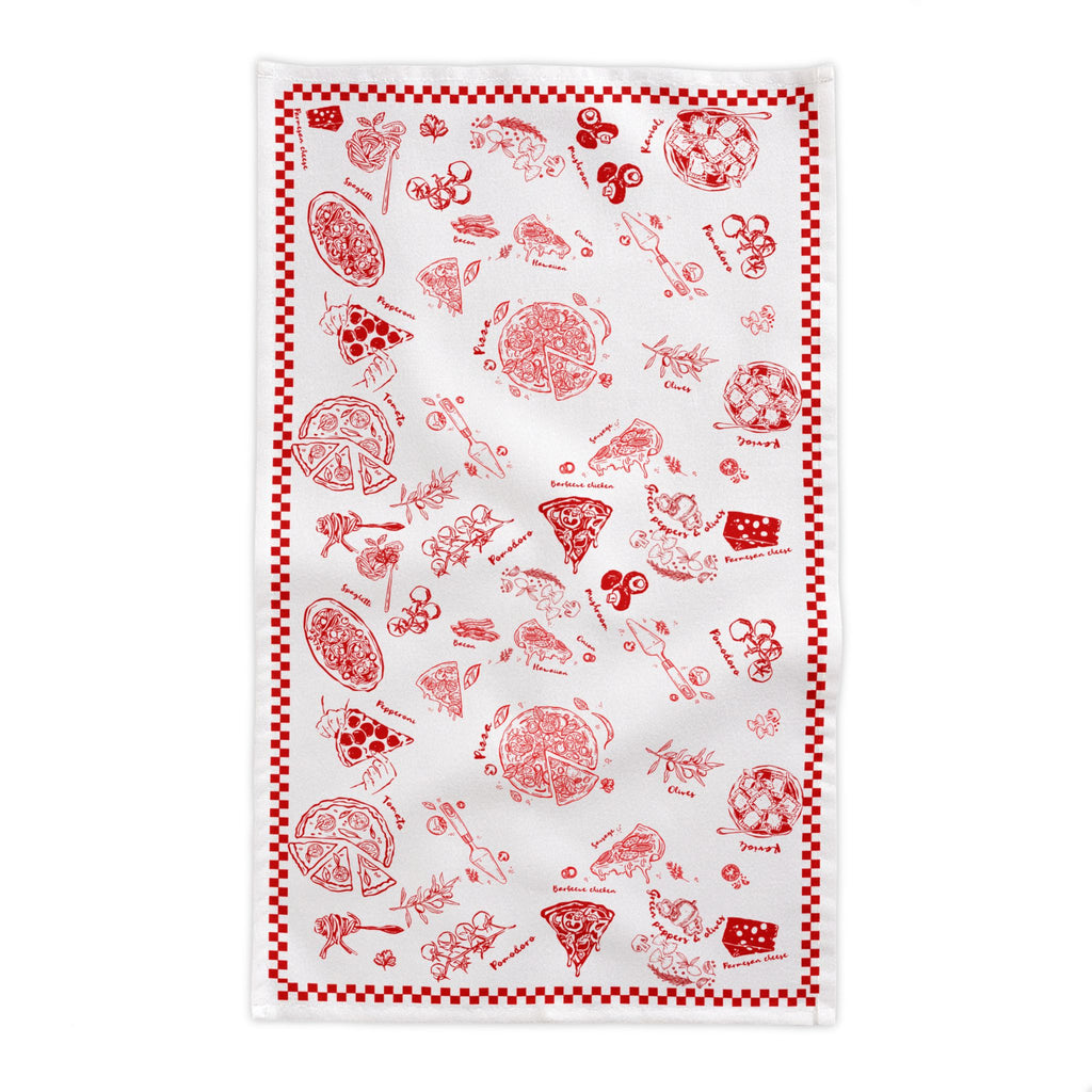 Italian Pizza & Pasta Tablecloth – Hand-Drawn Red & White Food Illustration Table Linen for Parties, Weddings & Everyday Dining