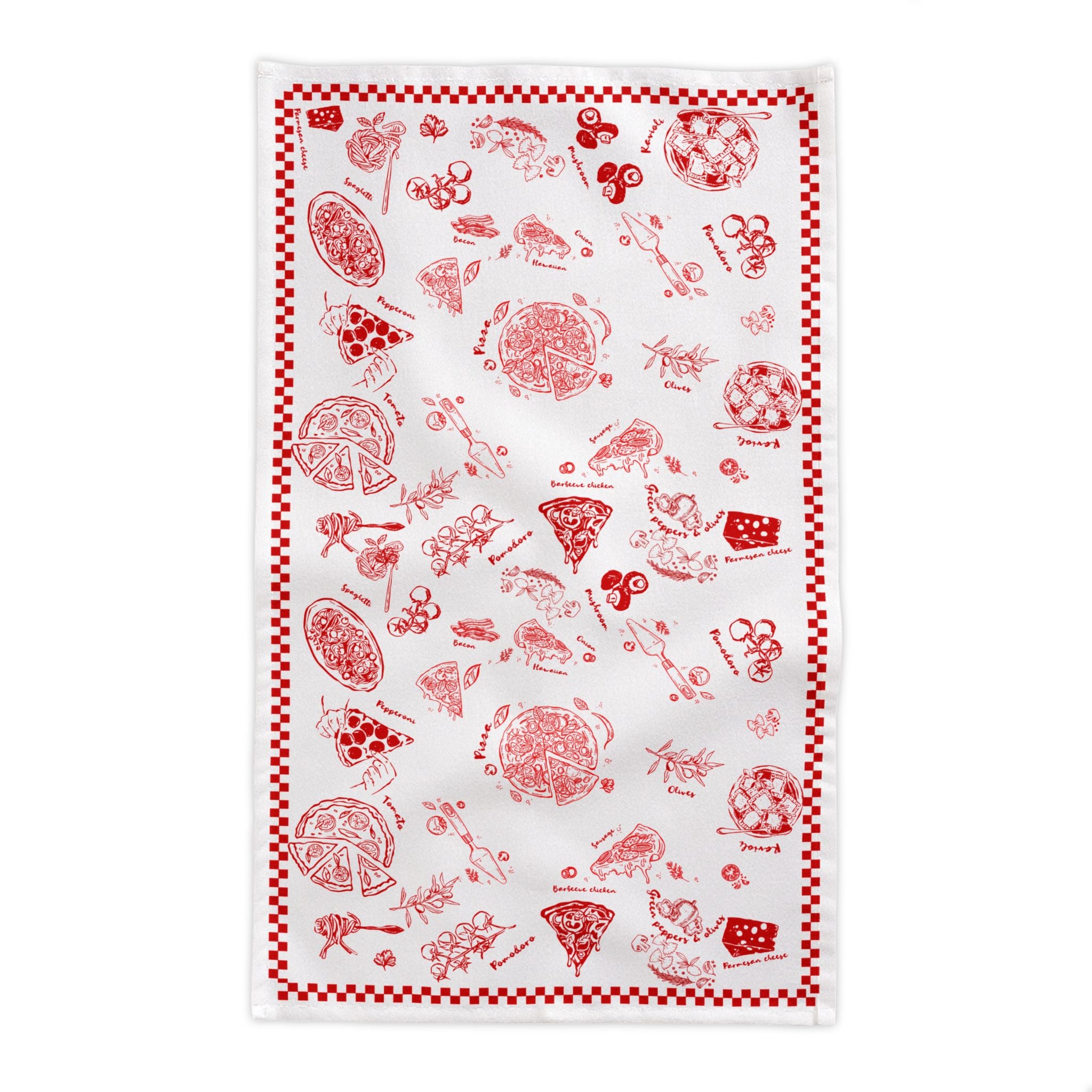 Italian Pizza & Pasta Tablecloth – Hand-Drawn Red & White Food Illustration Table Linen for Parties, Weddings & Everyday Dining