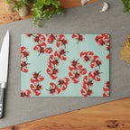 Tempered glass Tomato Block Print cutting board showing detailed tomato artwork