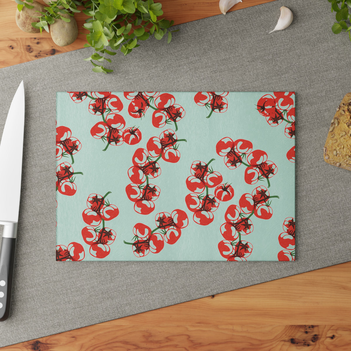 Tempered glass Tomato Block Print cutting board showing detailed tomato artwork