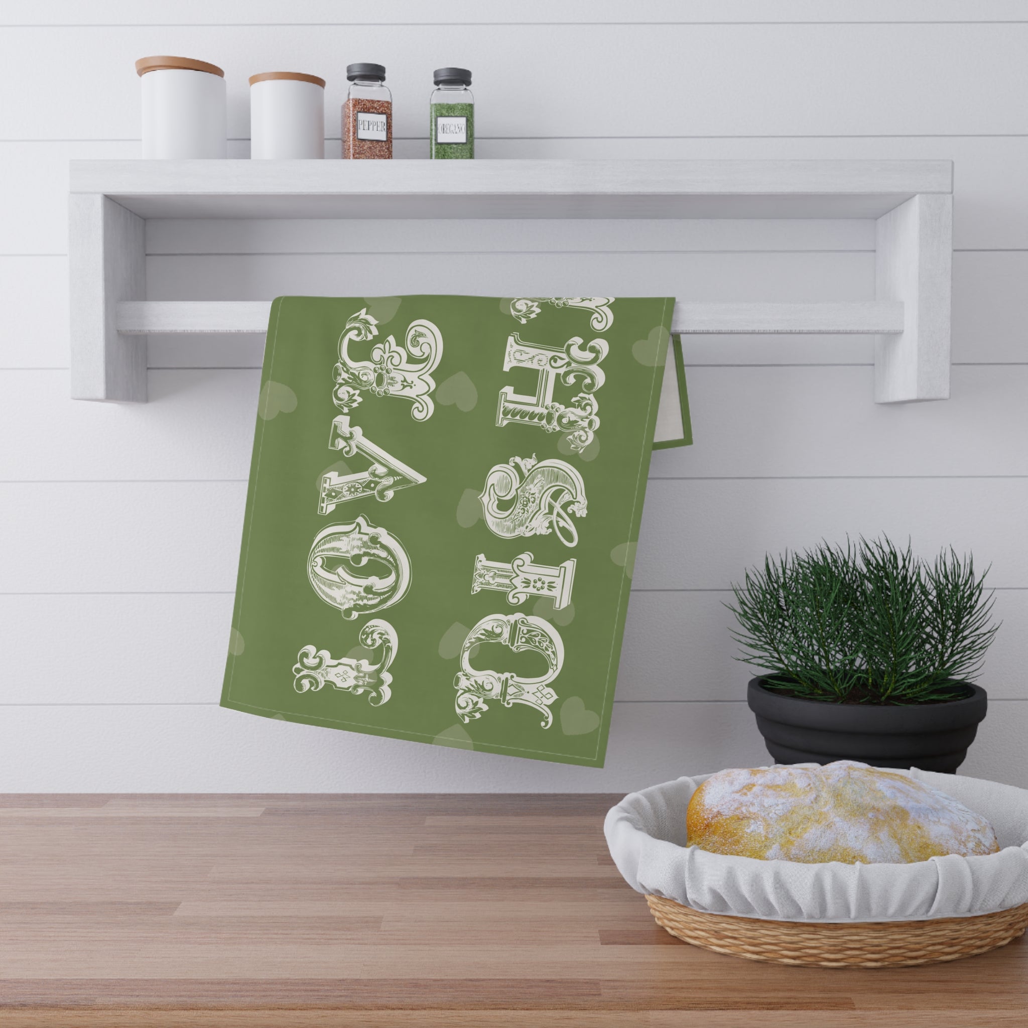 Love in Dishes Tea Towel – Mediterranean Olive Green Kitchen Linen