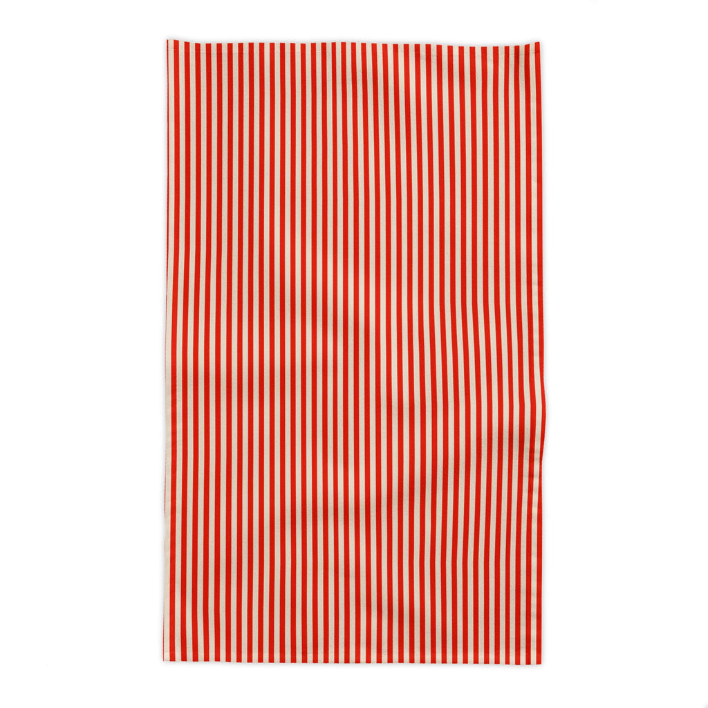 Rebbella 58"x102" red and white striped cotton twill tablecloth.
