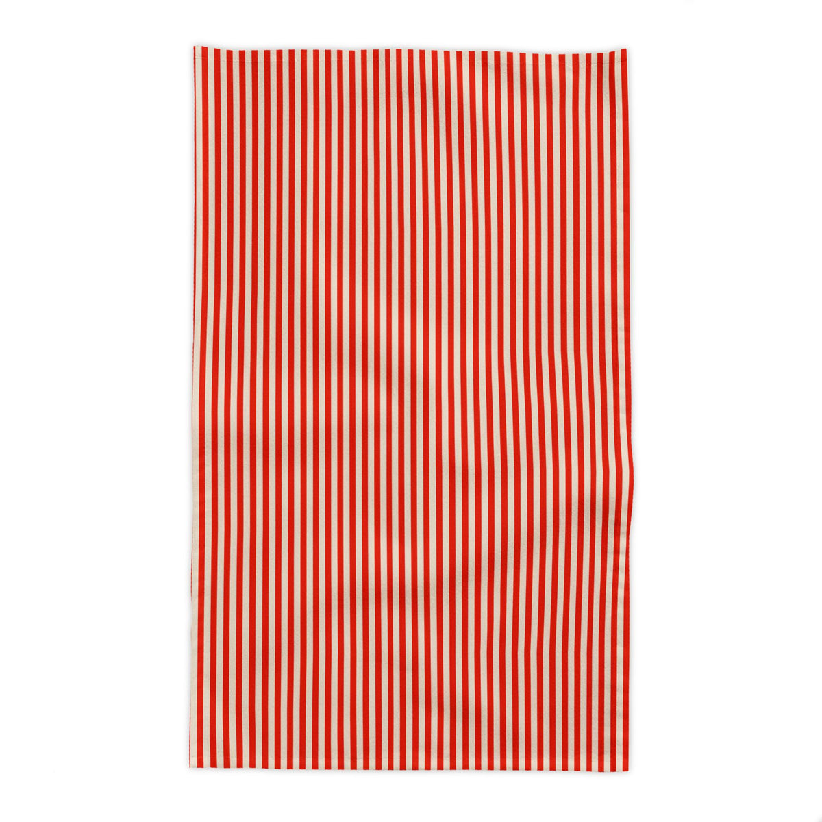 Rebbella 58"x102" red and white striped cotton twill tablecloth.