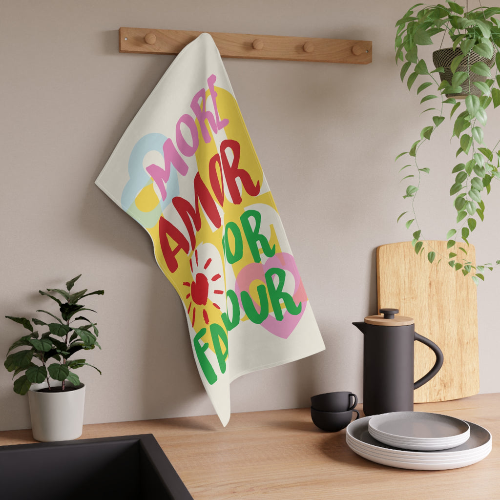 Lightweight 100% cotton twill tea towel by More Amore Por Favour, featuring a colourful printed design for everyday kitchen use.