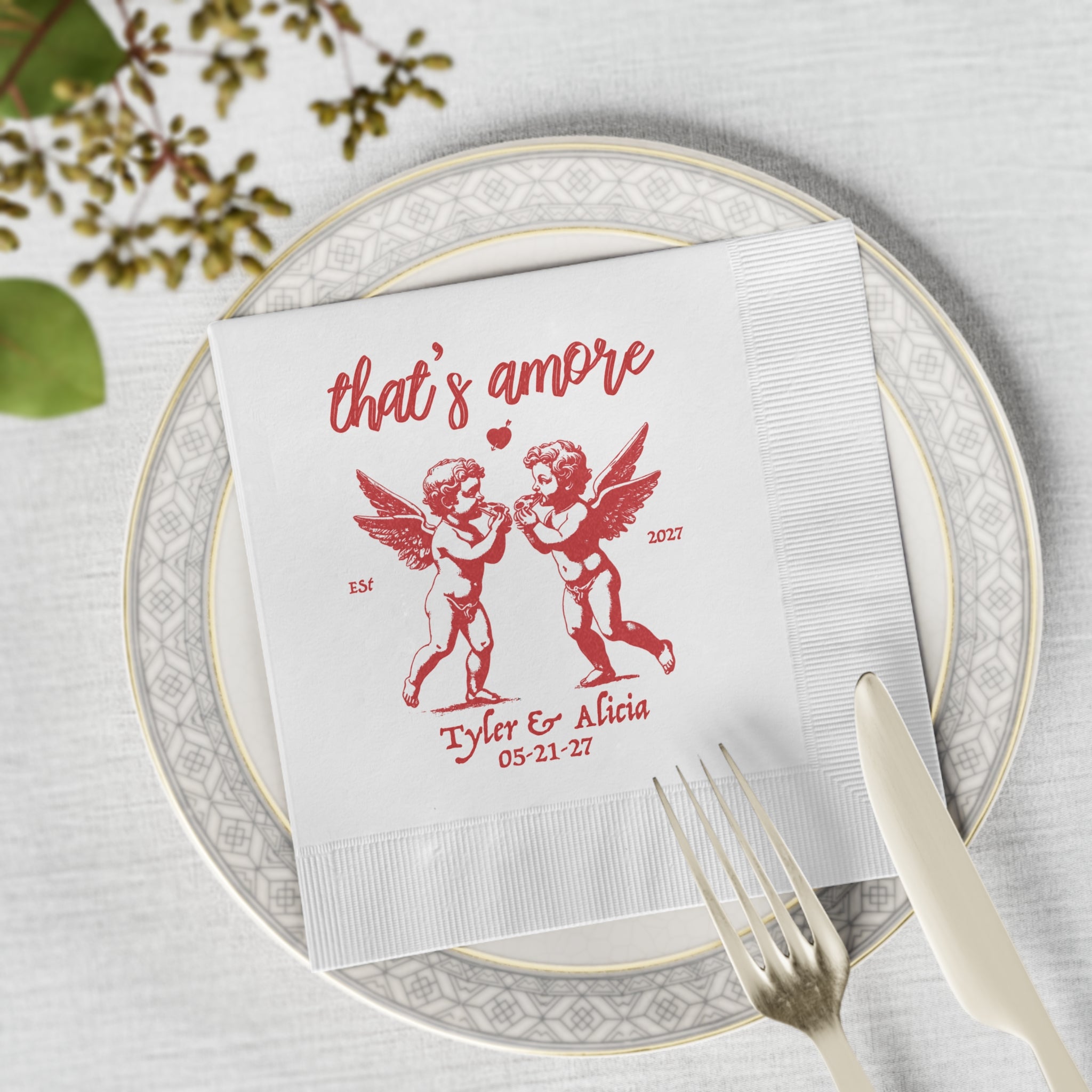 Personalized That's Amore cocktail napkins with custom wedding date, perfect for an Italian pizza bar wedding reception.