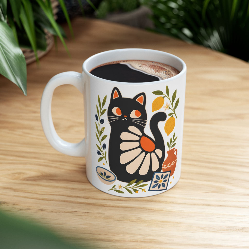 Mediterranean inspired ceramic mug with stylised black cat and citrus botanical illustration