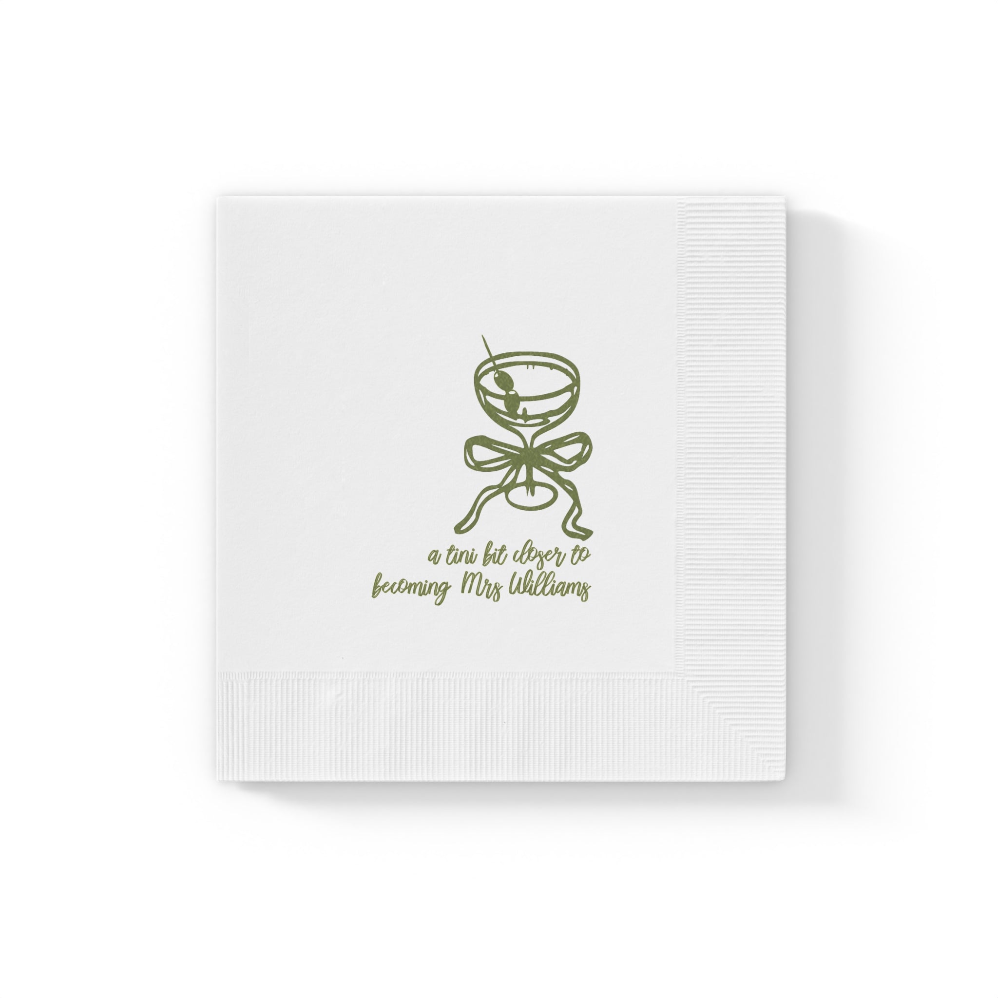Personalized cocktail napkin for a martini-themed party, ideal for engagement parties, wedding receptions, and signature drink bars.