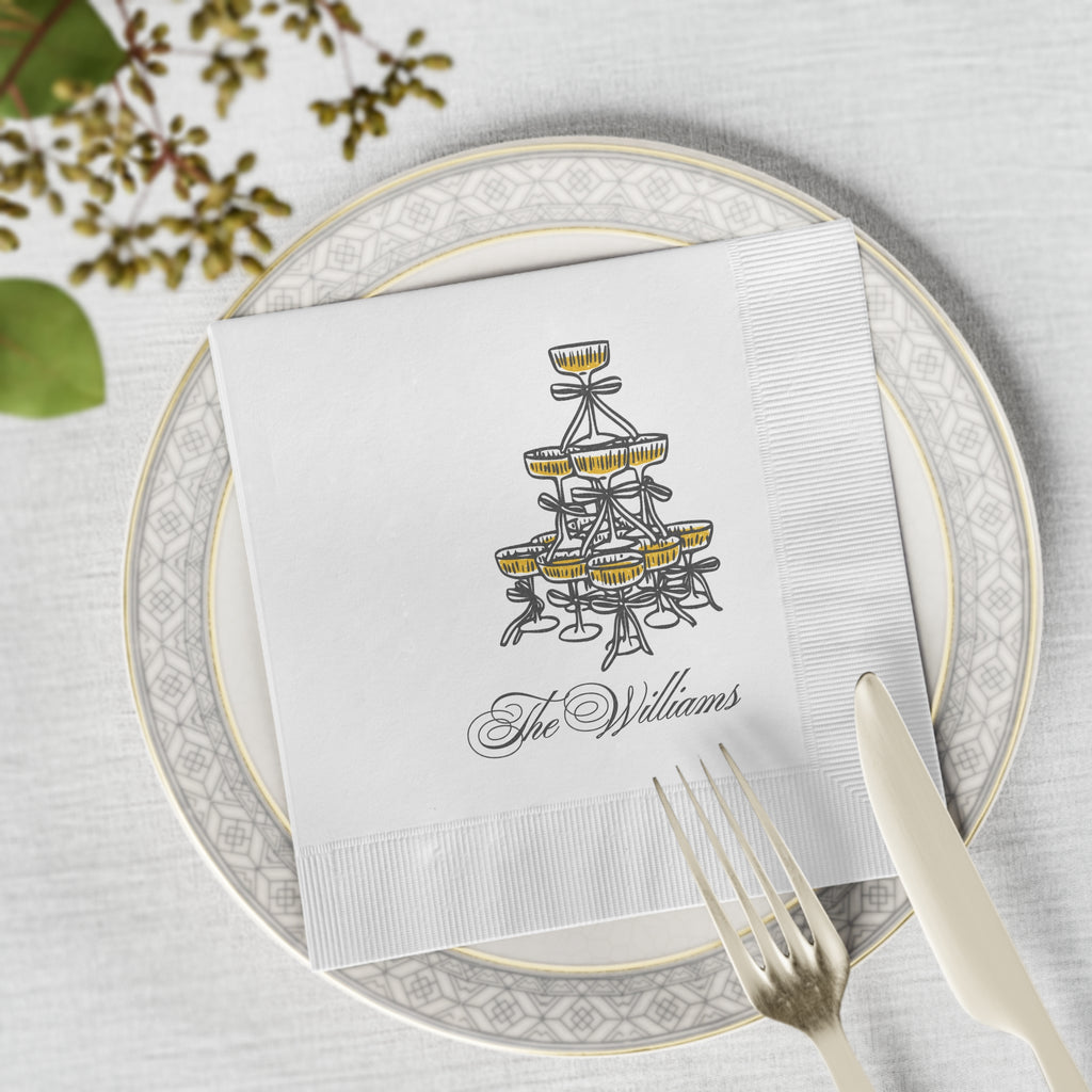Elegant personalized champagne-themed napkin for wedding receptions, mimosa bars, and engagement party décor.