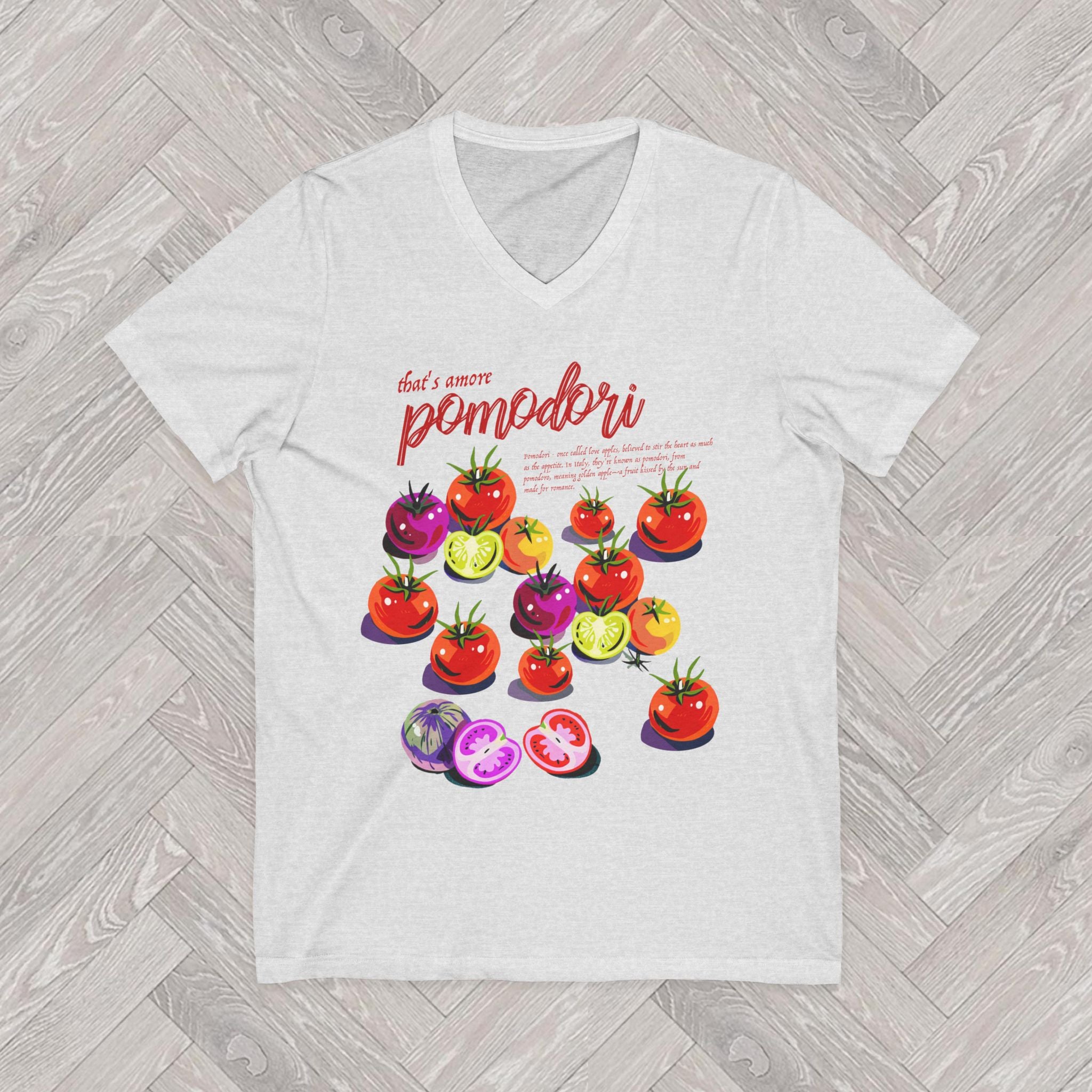Pomodori Italian Tomato V-Neck Shirt – Bella+Canvas 3005 Women’s Casual Graphic Tee | Tomato Girl Summer | Italian Market Inspired Top