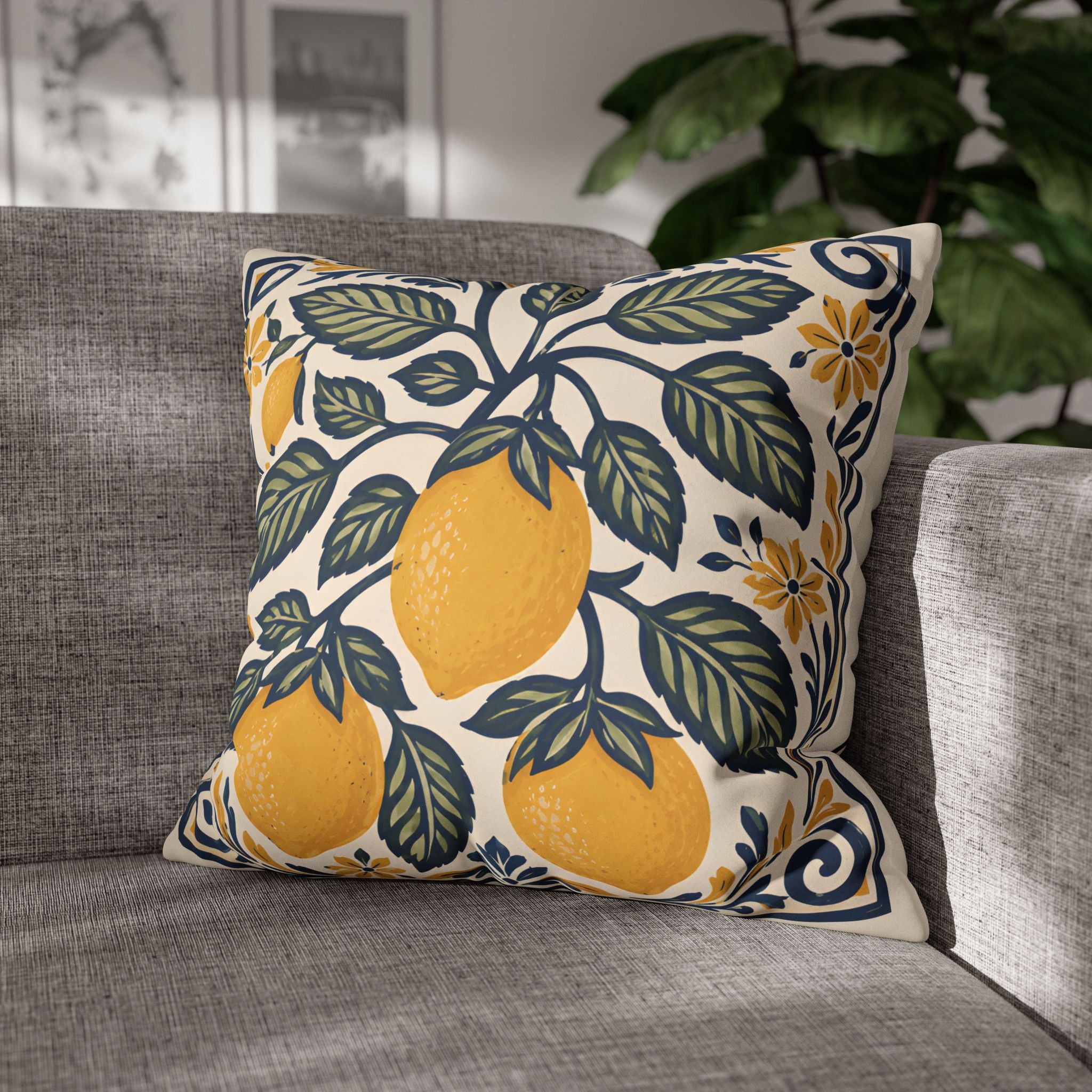 Modern Mediterranean cushion with botanical lemon print and elegant concealed zipper finish.
