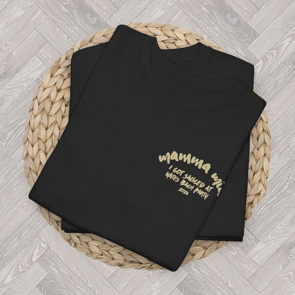 Italian themed bachelorette T-shirt with pasta, wine and Mamma Mia inspired personalised design