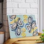 Small coastal glass cutting board with watercolor seafood illustration, lemon accents and functional kitchen art design