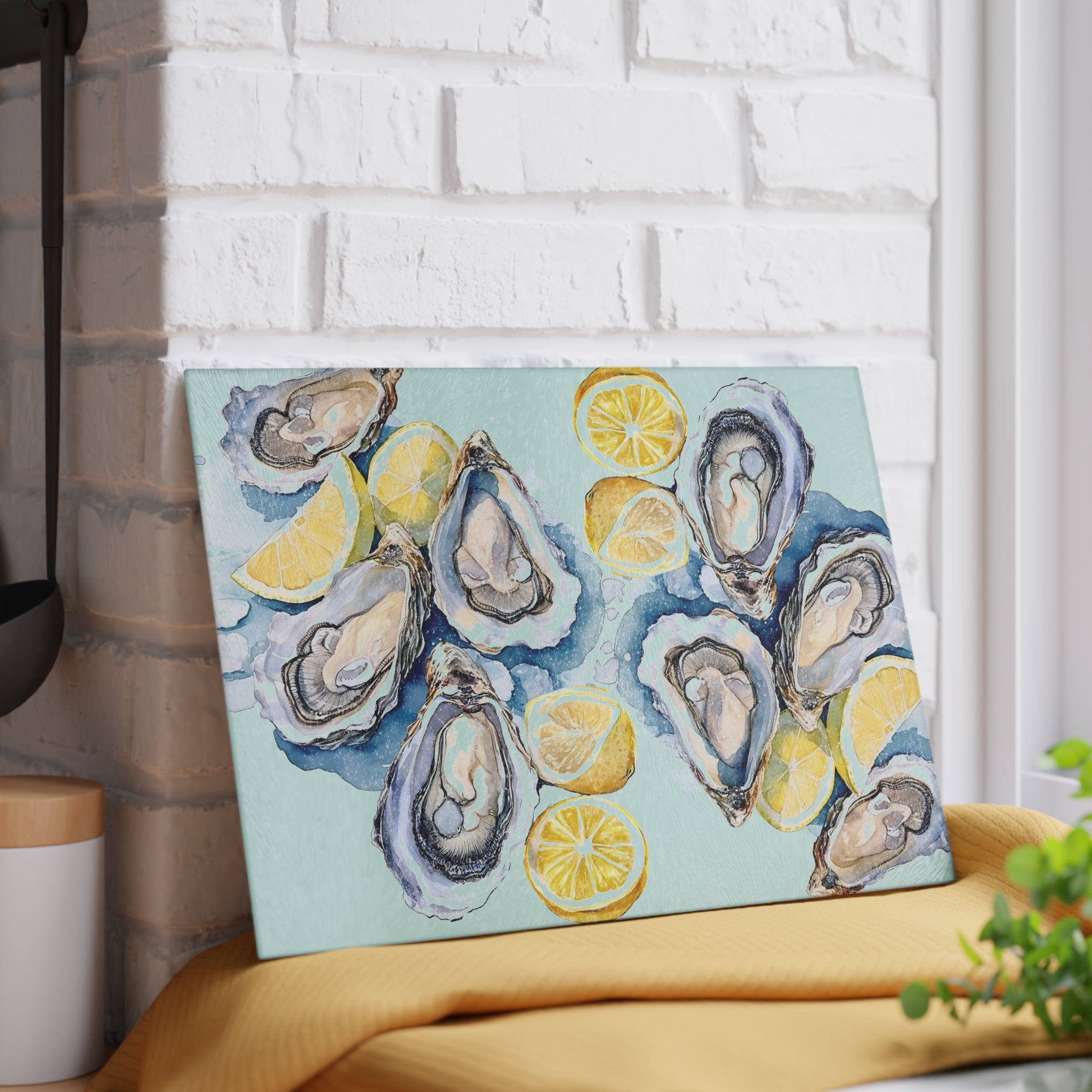 Small coastal glass cutting board with watercolor seafood illustration, lemon accents and functional kitchen art design