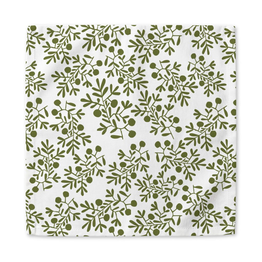 Botanical olive branch cloth napkins styled for Mediterranean kitchen decor, restaurants, dinner parties, and elegant table settings