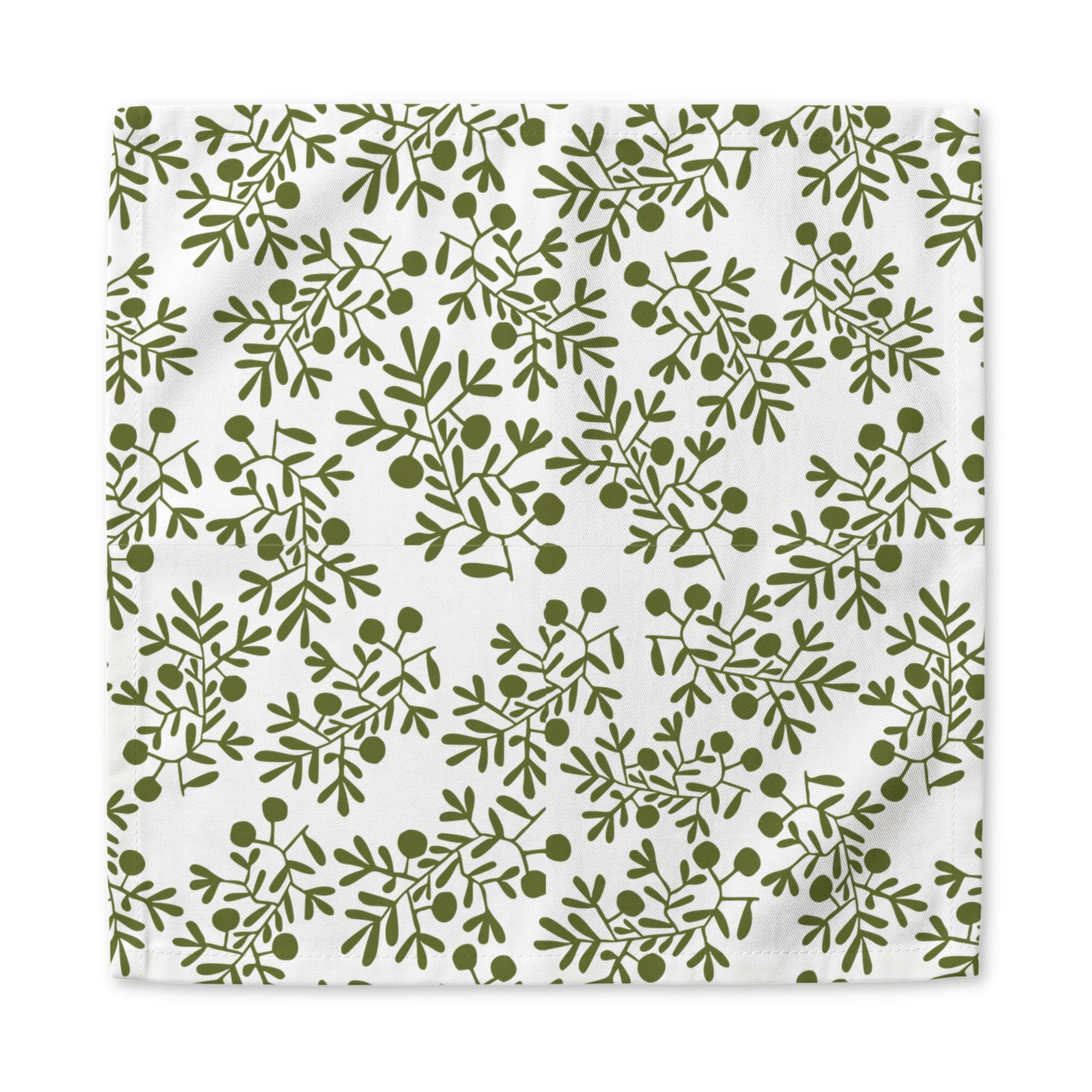 Botanical olive branch cloth napkins styled for Mediterranean kitchen decor, restaurants, dinner parties, and elegant table settings