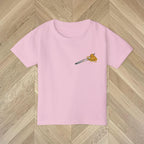 Detailed view of the colourful spaghetti-themed front print on a Light Pink kids' graphic T-shirt.