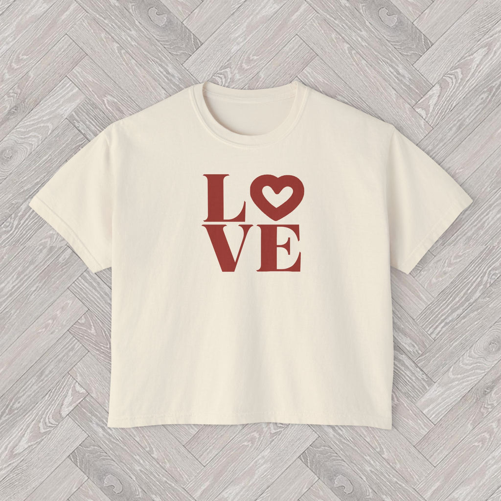 Mediterranean-inspired women’s graphic tee in Ivory with warm terracotta heart lettering