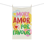 Colourful More Amore Por Favour kitchen tea towel presented as a gift idea for housewarmings, birthdays or lovers of vibrant home decor.