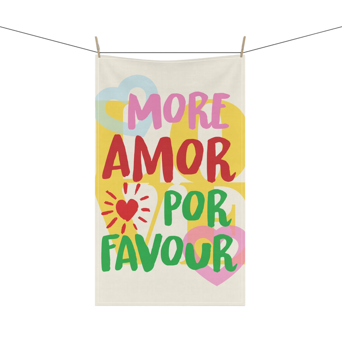 Colourful More Amore Por Favour kitchen tea towel presented as a gift idea for housewarmings, birthdays or lovers of vibrant home decor.