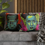 Frankenstein and Bride of Frankenstein faux suede pillow cover with colourful classic horror movie inspired artwork